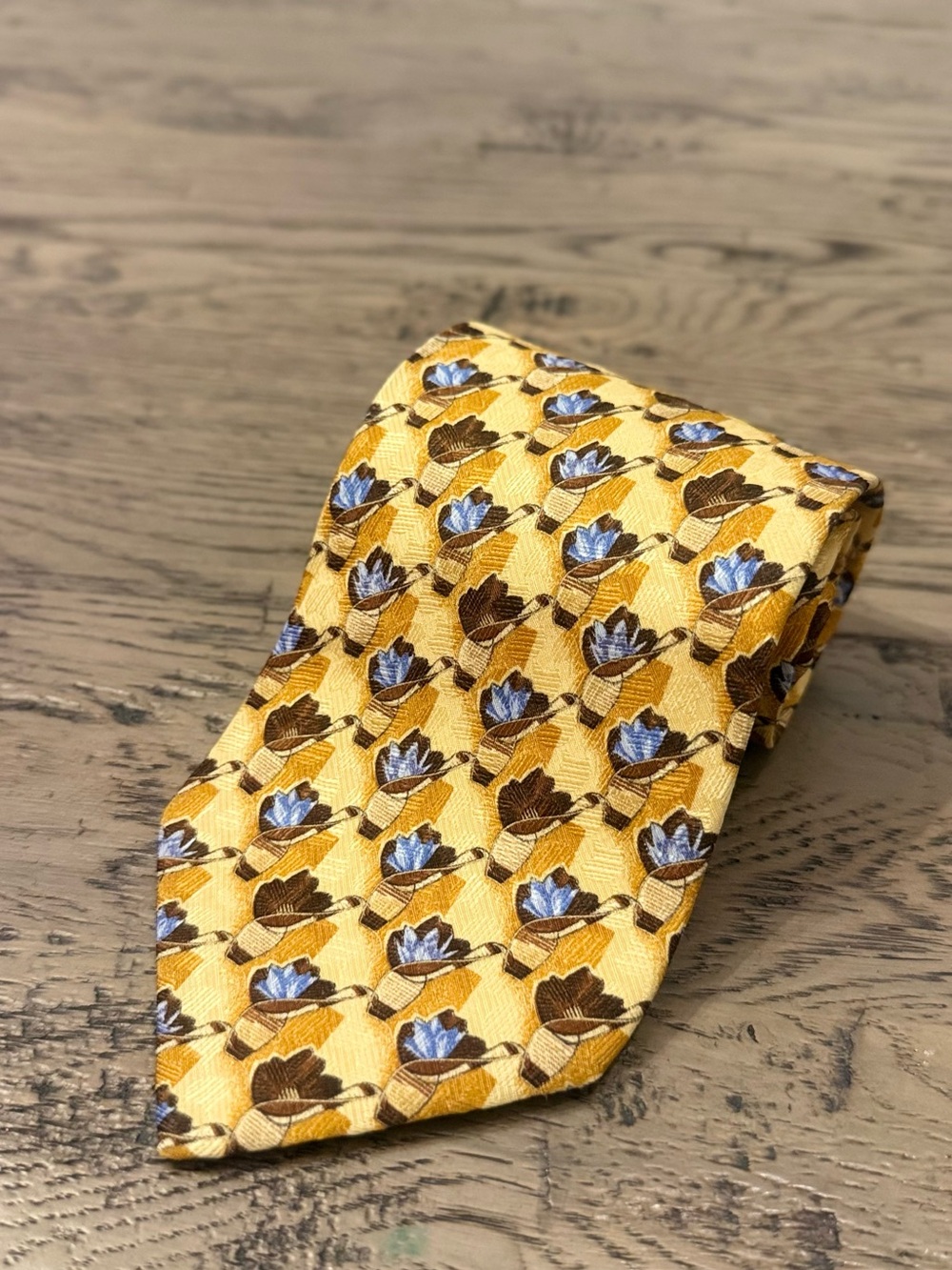 Ermenegildo Zegna Yellow Floral Silk Tie with Blue and Brown Accents